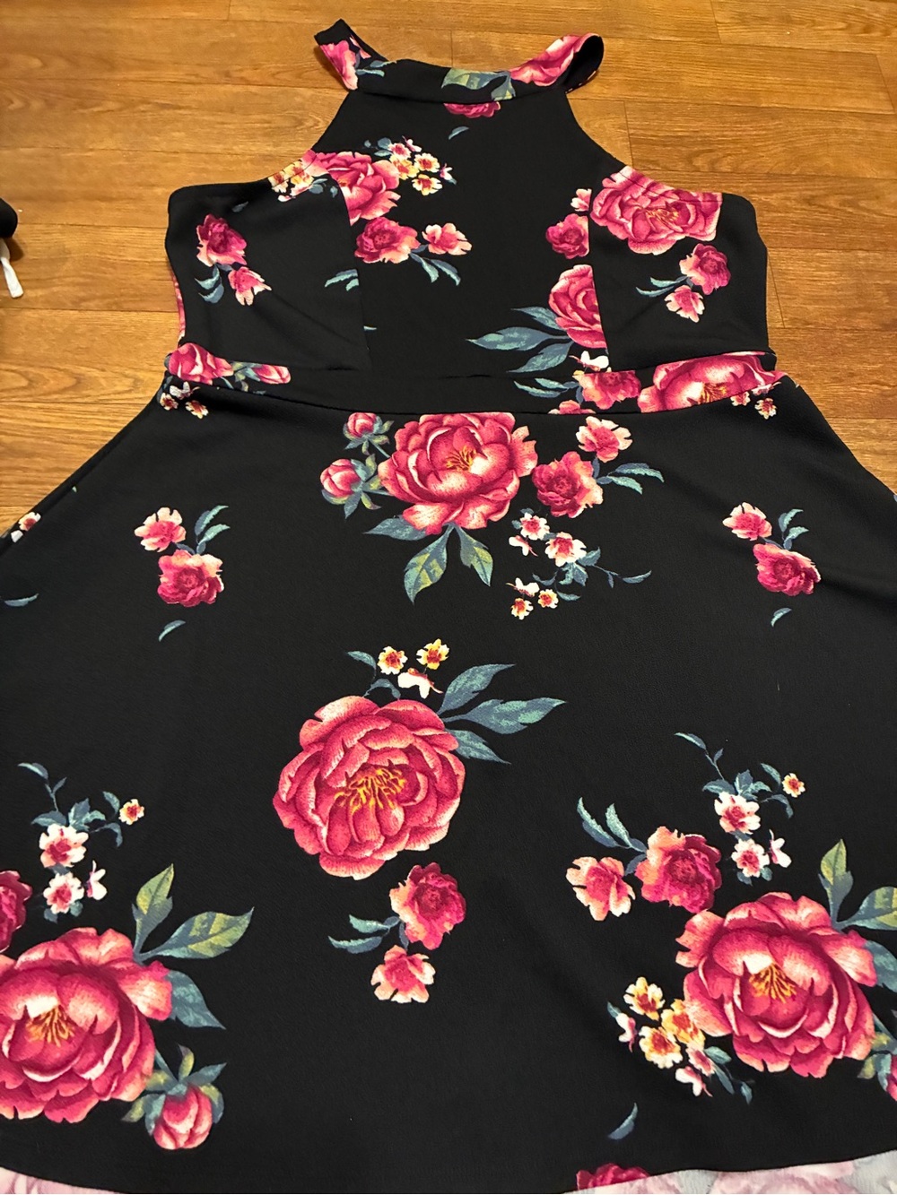 Women’s Black Floral Halter Fit & Flare Dress - Pink Rose Print